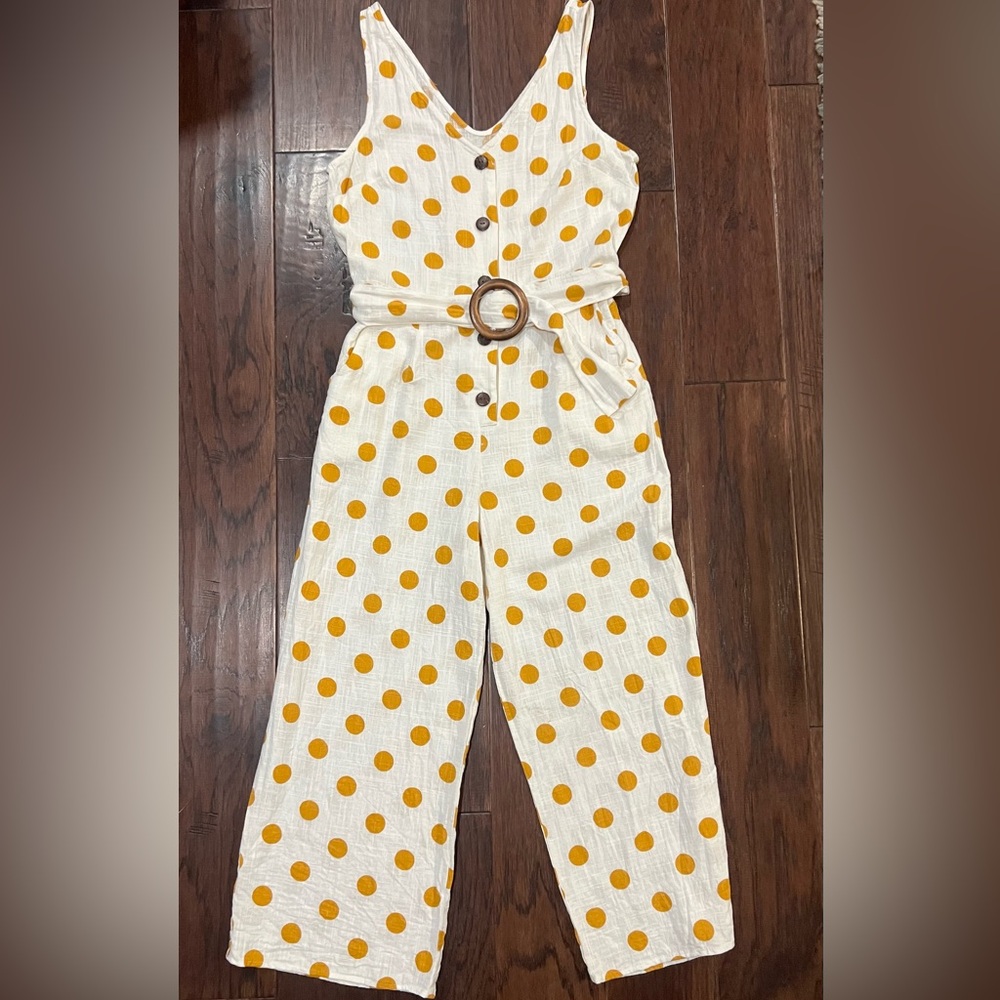 Monteau Jumpsuit M Womens Linen Blend Cream Mustard Polka Dot Pockets Never Worn